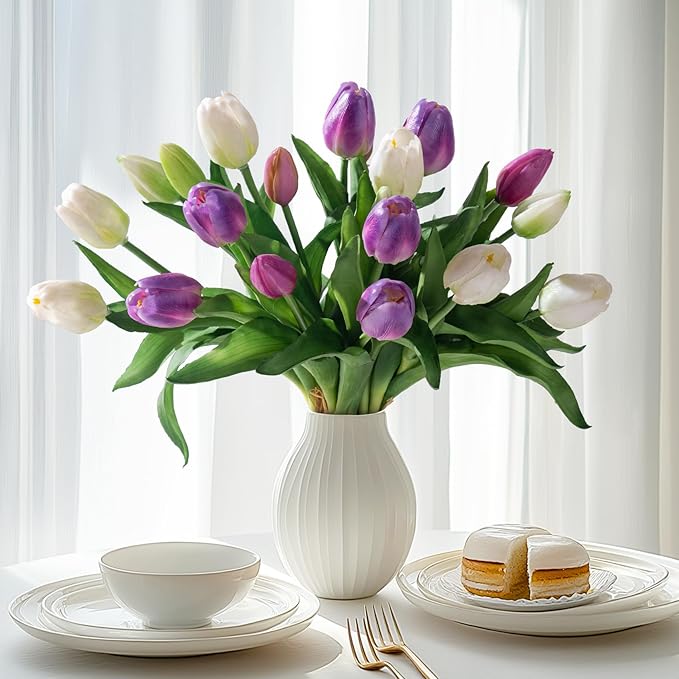 20PCS Fake Tulips Artificial Tulip Silk Flowers Fake PU Bouquet Artificial Flowers Faux Flowers with Gift Box Soft Faux Tulips Bouquets Arrangements for Party Wedding Home
