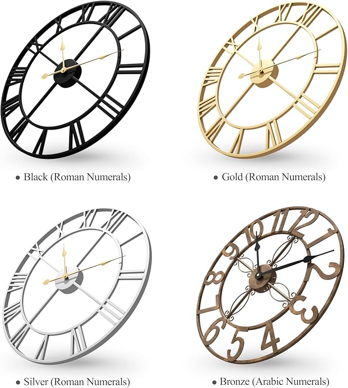 Cuspin Extra Large Wall Clock 36 Inch Silver Wall Clocks for Living Room, Modern Decorative Metal Wall Clock Battery-Operated Completely Silent Non Ticking Roman Numeral Analog Round Clock