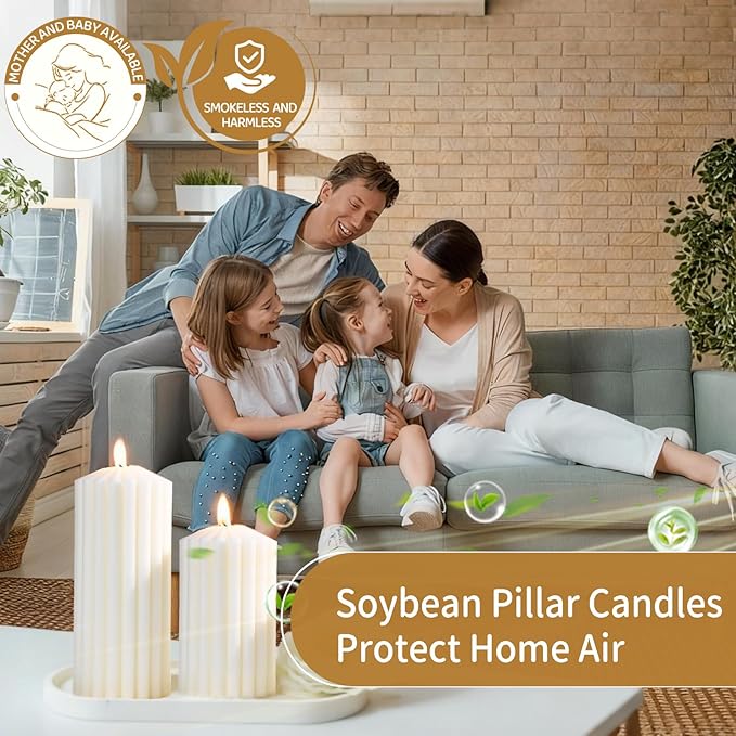 3 Pack Cream White Ribbed Pillar Candles,Soy Wax Large Pillar Candles 2.8x4,6,8inch for Home,Housewarming Gift, Shelf & Table Decor,Smokeless Non-Toxic Pillar Candle-Aesthetic Modern Candles Set