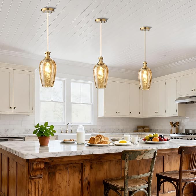 Glass Pendant Lights Kitchen Island, 1-Light Gold Pendant Light Fixtures with Hammered Amber Glass, Vintage Hanging Light for Kitchen Sink Dining Room Bedroom, E26