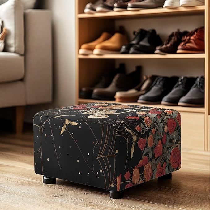 Soft Stretch Ottoman Slipcover Flower Skull Washable Rectangle Footrest Stool Cover Anti Scratch Furniture Protector with Elastic Bottom for Halloween Footstools Decor Size S