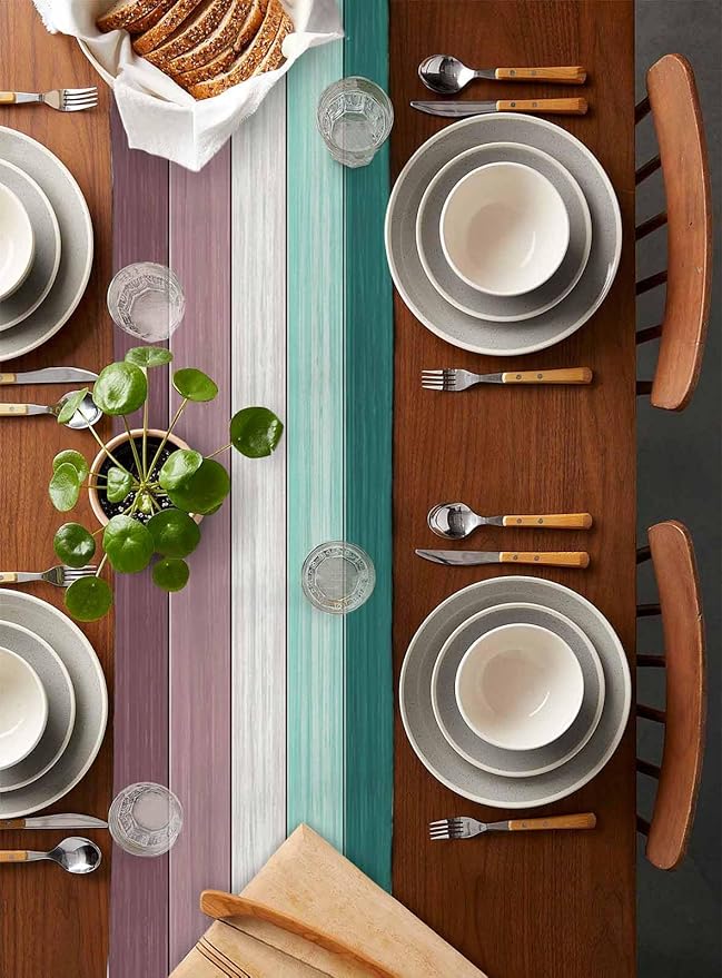 Aqua Green Purple Summer Table Runner, Nautical Coastal Beach Farmhouse Cotton Linen Holiday Table Decor for Home,Kitchen,Dining Room,Indoor,Outdoor,18X72 Inches Long, Retro Rustic Barn Wood Texture