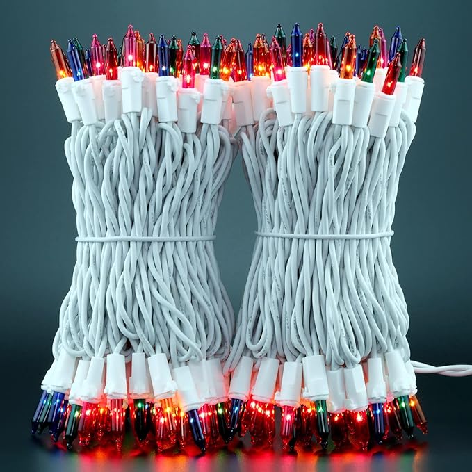 YULETIME 200 Multicolor Christmas Lights, Pack of 2 Sets 33 Feet 100 Count UL Certified Incandescent String Lights (Multicolor - White Wire)