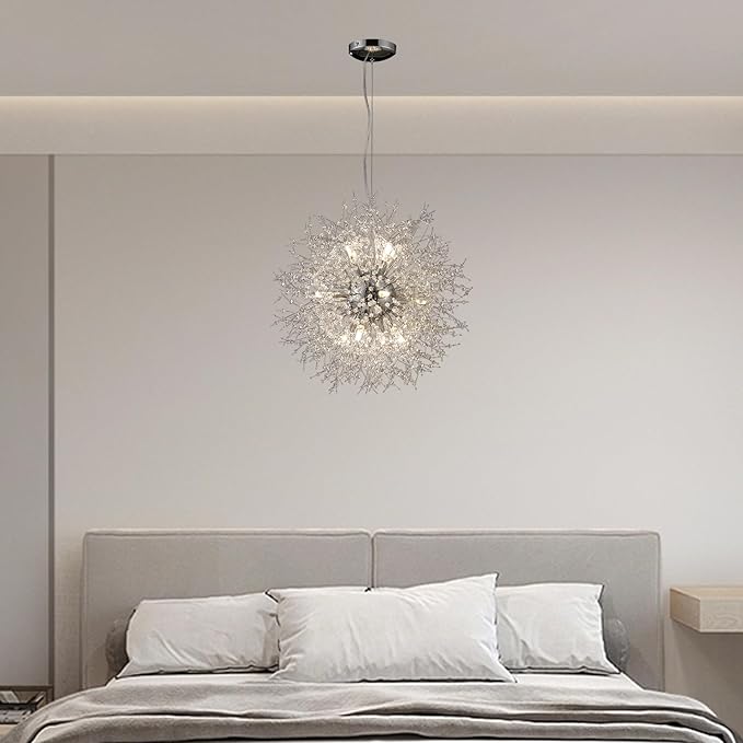 Modern Farmhouse Chandelier, Sputnik 12-Light Crystal Hanging Light, Round Firework Dandelion Pendant Lights for Living Room Bedroom Dining Room Kitchen Island Entryway (Chrome, D21.6inch)