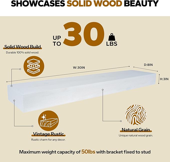 Floating Shelves 3 inch Thick for Wall Set of 2,Solid Pine Wood Wall Mount Shelf for Kitchen Living Room Bedroom Bathroom,8" D x 30" L x 3" H-White