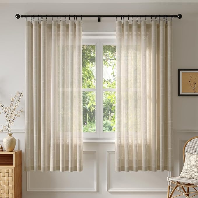 Anmao Natural Linen Curtains for Living Room 72 Inch Length 2 Panels Set, Light Filtering Semi Sheer Window Curtain Drapes for Bedroom with Curtain Rings and Clips, 52 Inch Wide Each Panel, Linen
