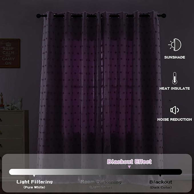 MYSKY HOME 90 Inches Long Curtains with Lilac Pom Pom Sheer Nursery Curtain Girl Blackout Drapes for Kids Bedroom 2 Layered Room Darkening Window Panels for Toddler Grommet, Purple, 52" Wide, 2 Pieces