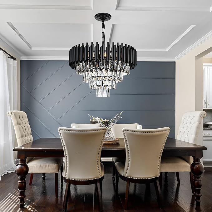 9-Light Modern Round Crystal Chandelier Lights, 4 Tiers Luxury Pendant Ceiling Light, 19.7" Crystal Chandeliers Lighting for Dining Living Room Kitchen Island Bedroom Foyer Hallway (Black)