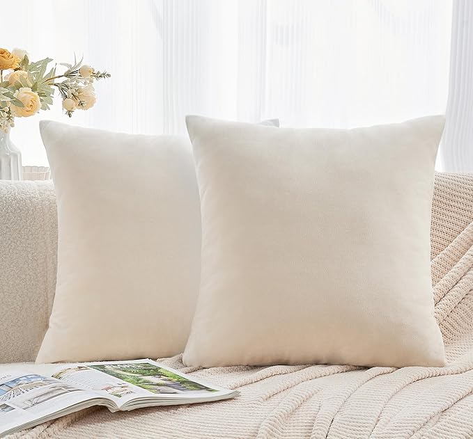Throw Pillow Covers Neutral Beige Set of 2 22x22 Inch Pillow Covers, Soft Velvet Farmhouse Decorative Pillowcases for Couch Sofa Bed, Home Boho Decor, Modern Cushion Covers