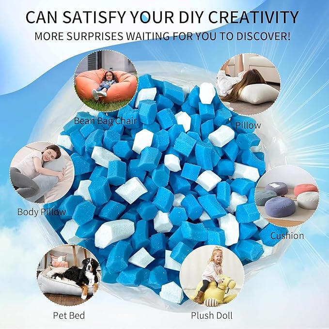 45lbs Bean Bag Filler, Pillow Filler Stuffing, Bean Bag Filling, Shredded Memory Foam Filling, Punching Bag Filler, Foam Refill for Pouf/Ottoman Stuffing/Boxing Bag(Electric Blue & White)