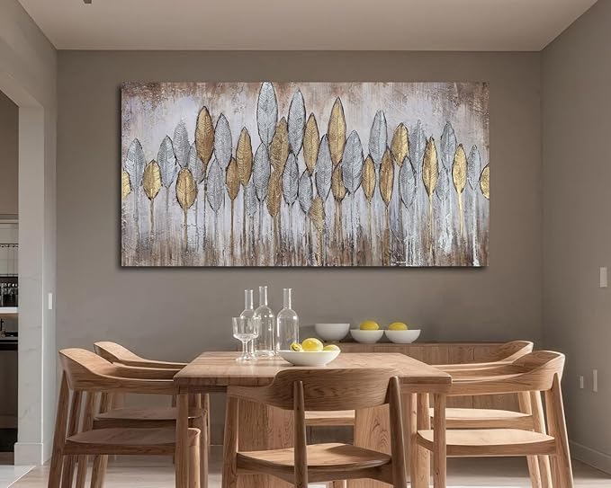 Acocifi Beige Neutral Wall Art Living Room, Large Abstract Gold Leaf Textured Painting, Modern Minimalist Picture Artwork Framed for Bedroom Dining Room Office Home Decor 48"x24"