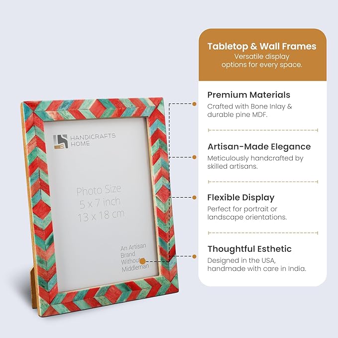 Handicrafts Home Chevron Mosaic Picture Frame 5x7– Handmade Bone Inlay Photo Frame for Tabletop & Wall Decor, Holiday Home Decor, Farmhouse Frame, Colorful Desk & Shelf Decor- Green Red Picture Frame