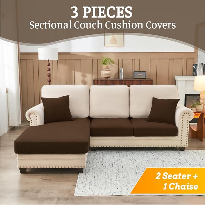 Sectional Couch Covers for Sofa Cushion L Shaped Couch Cover Washable Soft Couch Cushion Covers Stretch Sofa Slipcovers with 2 Pcs Pillowcases(3-Piece 2 Seater + 1 Chaise, Caramel)