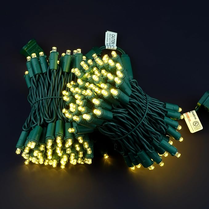 Warm White Wide Angle Christmas Lights, Pack of 2 Sets 25 Ft 100 LED Green Wire 5mm UL Certified Commercial Grade Holiday String Light