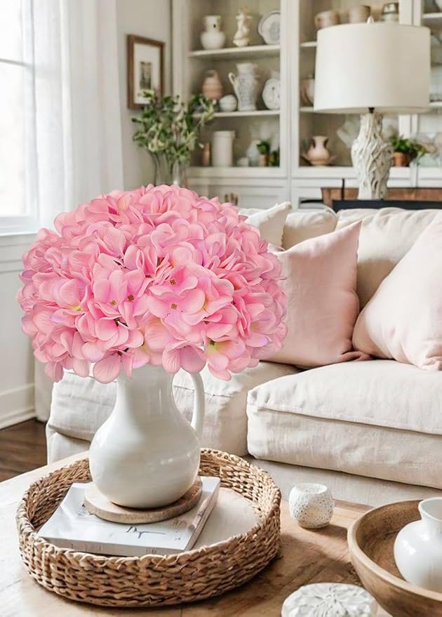 Hollyone 6 Pcs Pink Hydrangea Artificial Flowers Heads with Stems Silk Faux Hydrangea Pink Fake Flowers for Home Indoor Outdoor DIY Floral Wedding Flower Bouquets Kitchen Table Centerpiece Decor