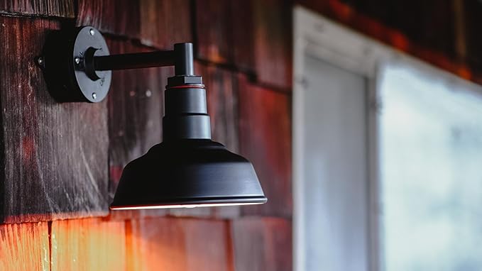 Steel Lighting Co. Hawthorne Barn Light | Outdoor Wall Mounted | 8 inch Dome | 11" Straight Arm | Small Farmhouse Light Made in America | Dark Bronze Exterior/Brass Interior