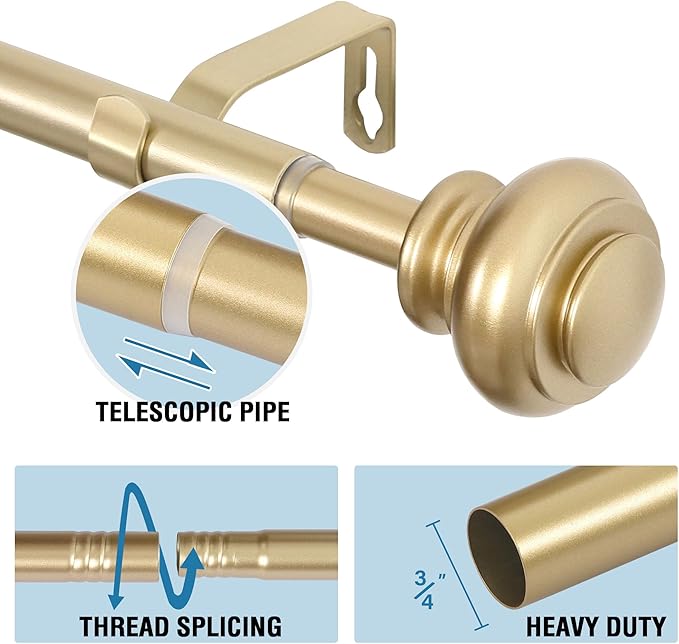 H.VERSAILTEX Curtain Rods for Windows 16.2 to 137.4 Inches 3/4 inch Diameter Adjustable Decorative Telescoping Curtain Rod with Brackets Heavy Duty Splicing Window Rods with Classic Finials, Gold