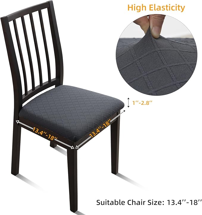 Fuloon Waterproof Seat Cushion Covers 6 PCS, Stretch Jacquard Chair Seat Covers Washable Dining Room Seat Slipcovers Removable Kitchen Chair Protector (6, Waterproof-Dark Grey)