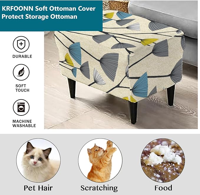 KRFOONN Stretch Ottoman Cover Slipcovers Rectangle Fit Length 27"-35" Footrest Stool Covers Printed Ottoman Cover for Foot Stool Furniture Protector with Non Slip Elastic Bottom, Color 19