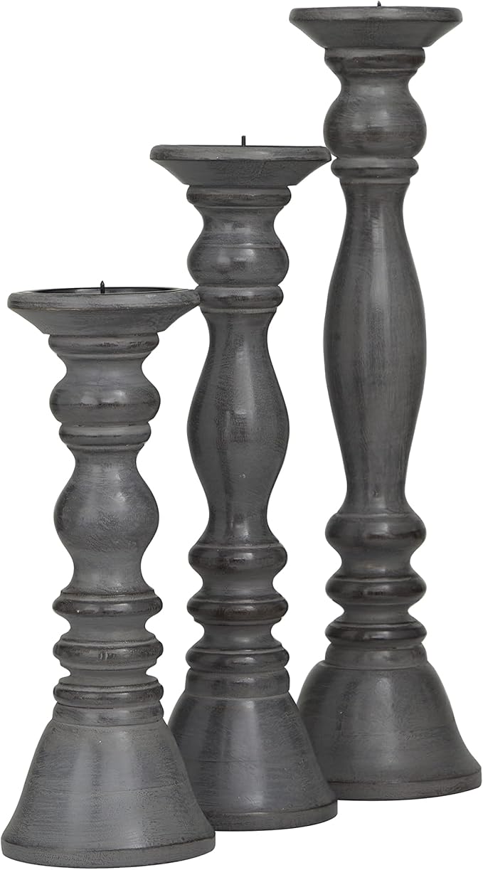 Deco 79 Wood Decorative Candle Holder Candle Stand, Set of 3 Candlestick Holder 18, 15, 12" H, Gray