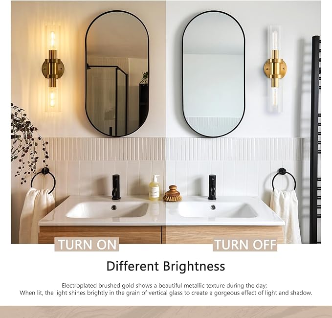 Gold Wall Sconces, 18.2 inch Modern Wall Sconces Lighting with Stripped Glass Shade, 2-Light Inch Gold Vanity Light Wall Lamp for Mirror Bathroom Kitchen Living Room