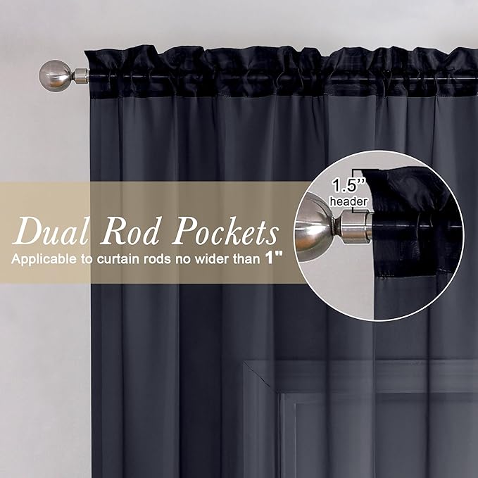 Lecloud Black Sheer Curtains 63 Inch Length 2 Panels, Elegant Voile Drapes for Small Windows, Light Filtering Curtains for Living Room Bedroom Dinning, Dual Rod Pocket, 40" W x 63" L