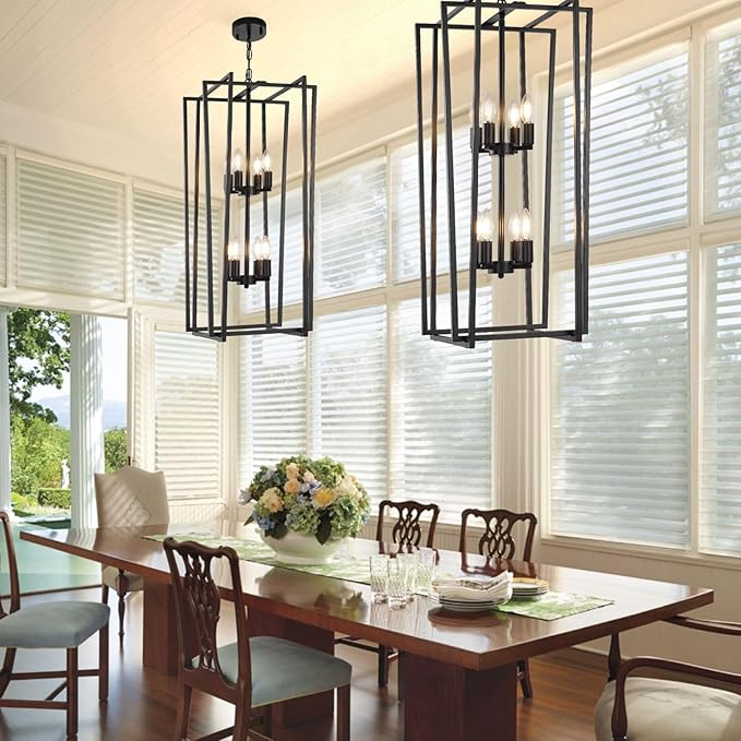 8-Light Tiered Lantern Pendant Light Fixtures,Large Foyer Chandeliers for High Ceilings,Industrial Foyer Lighting Fixtures,Long Chandeliers for High Ceilings,Farmhouse Chandelier for Entryway, Black