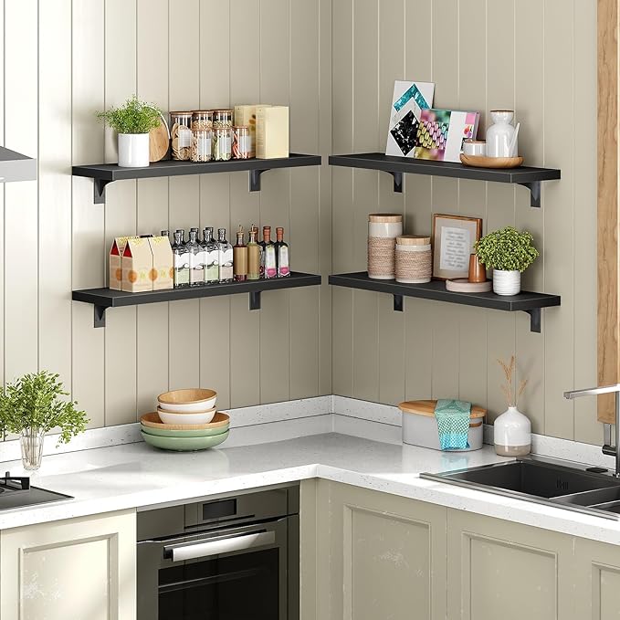 HOOBRO Floating Shelves for Wall, 23.6" Wall Mounted Shelves Set of 2, Hanging Storage Shelf with Metal Brackets, Wooden Shelf for Living Room, Bedroom, Bathroom, Black BK62BJP201G1