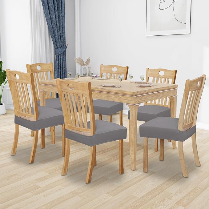 Easy-Going 100% Waterproof Seat Covers for Dining Room Chairs Set of 6, Stretch Chair Seat Slipcovers Protector Removable and Washable Kitchen Dining Chair Covers, Light Gray