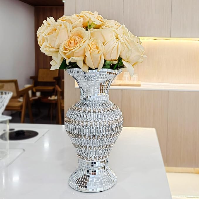 Large Ceramic vase, 30 cm, Inlaid with Rhinestones, Luxury, Vintage Silver vase for Home Decoration, Suitable for Living Room, Bedroom, Kitchen, Table Centerpiece.