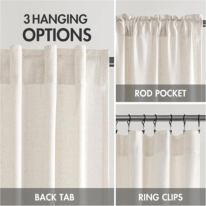 MIULEE Non-See-Through Privacy Linen Curtains 2 Panels, Light Filtering Window Curtains Farmhouse Textured Back Tab Semi Sheer Drapes for Bedroom Living Room, 52 x 102 Inches Long, Natural White