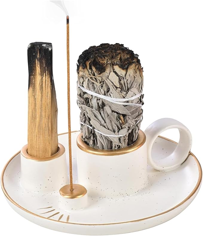4-in-1 Palo Santo Holder for Burning Sage and Sticks, 5.9-Inch Ceramic Incense Burner and Ash Catcher Tray with Handle for Meditation Home Zen Decor
