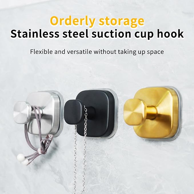 2Pcs Square Suction Cup Hook, 304 Stainless Steel Shower Hook, Removable Suction Cup Knob for Shower, Bathroom, Kitchen, Glass Door, Mirror (Silver)