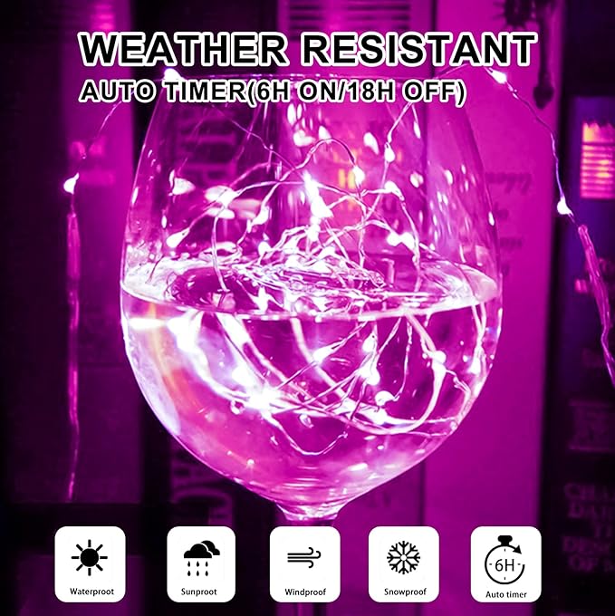 Pink Fairy Lights Battery Operated (Included), 8 Modes & Auto Timer, 4 Packs 5m 50Led Mini Twinkle Silver Wire Firefly Starry Lights, Waterproof Battery Operated Lights for Mason Jars Parties
