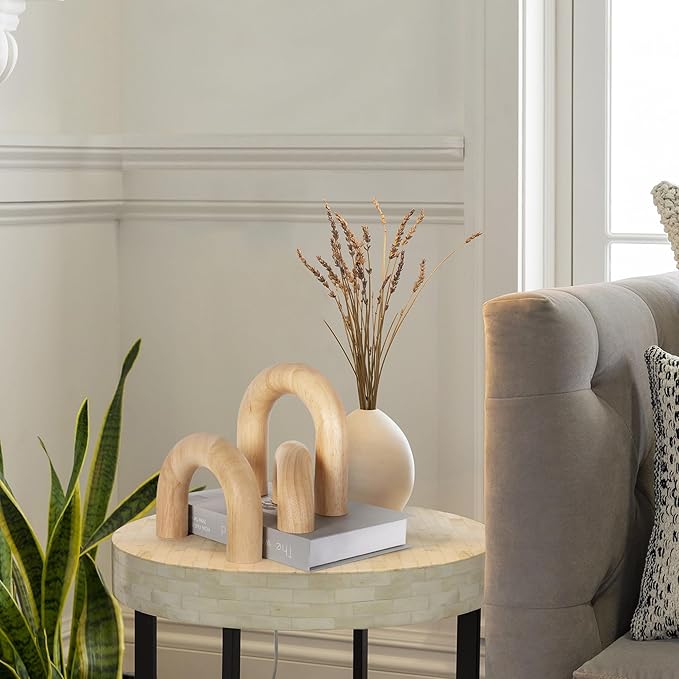 3 Pieces Wood Arch Decor, Wooden Coffee Table Accents, Neutral Home Aesthetic Bookshelf Decoration, Desk Objects, Natural Modern Boho Decor for Living Room Entryway