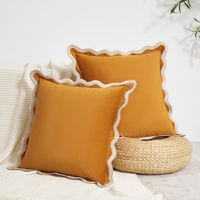 MONDAY MOOSE Decorative Throw Pillow Covers Cushion Cases, Set of 2 Soft Velvet Scalloped Wavy Edge Designs, Mix and Match for Home Decor, Pillow Inserts Not Included (20x20 inch, Cream/Honey)