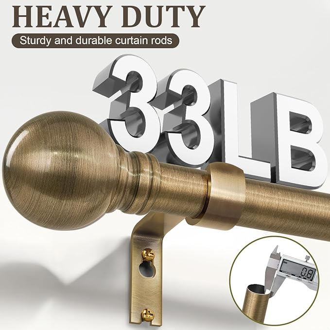 Antique Bronze Curtain Rods for Windows 48 to 84 Inch 1" Diameter Adjustable Heavy Duty Brass Window Curtain Rod with Metal Finials for Living Room Bedroom Farmhouse Kitchen Outdoor