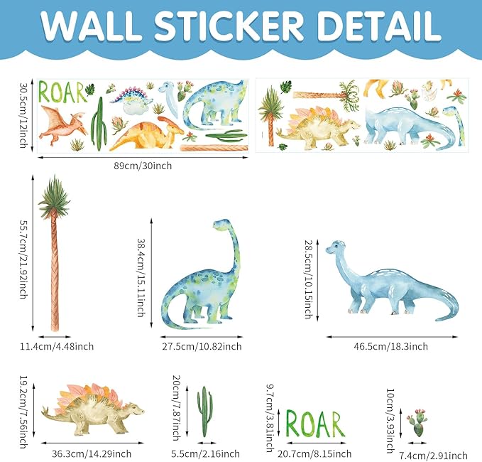 Dinosaur Wall Decals Peel and Stick Jungle Wall Decal Self Adhesive Wall Art Sticker for Boys Girls Baby Nursery Kids Room Home Dinosaur Nursery Decor