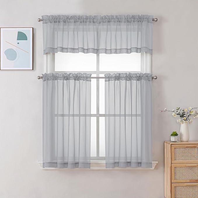 Gwine Light Grey Sheer Curtain Tiers 24 Inch Length, Light Filtering Voile Short Curtain for Living Room Bedroom, Rod Pocket Cafe Curtains for Small Windows 42x24 Inch, 2PCS