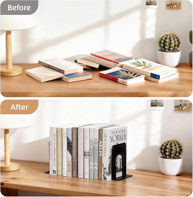Happyhapi 14 Pair Book Ends for Shelves, 28 Pcs Metal Bookends Book Holder for Shelf, Heavy Book Stopper for Desk, Simple Library Office Home Bookend, 4.9 x 5.7 x 6.5 in, Black