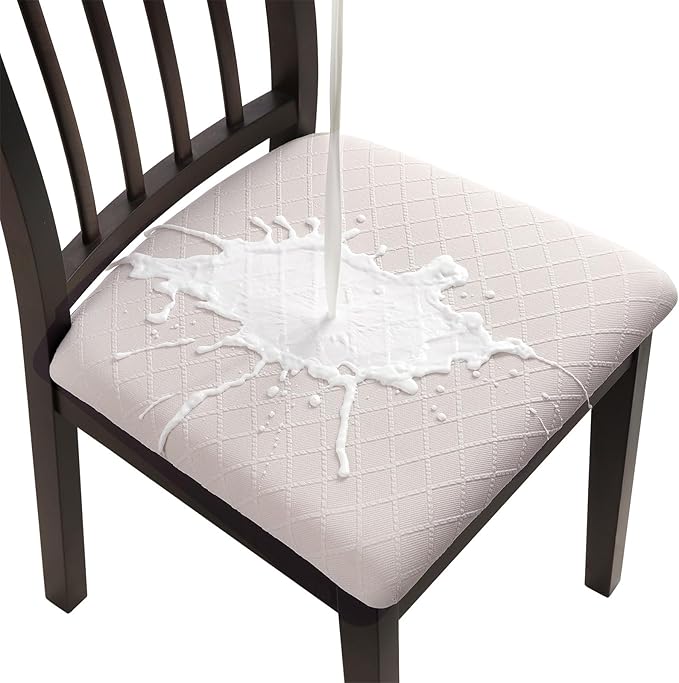 Fuloon Waterproof Seat Cushion Covers 4 PCS, Stretch Jacquard Chair Seat Covers Washable Dining Room Chair Slipcovers Removable Kitchen Cushion Protector (4, Waterproof-Pale Beige)