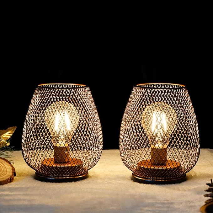 TRIROCKS Set of 2 Battery Operated Lamp LED Table Lantern, Metal Cage Cordless Lamps with LED Bulb，Vintage Decorative Outdoor Lantern for Weddings, Parties, Patio, Events for Indoors Shelf Decor