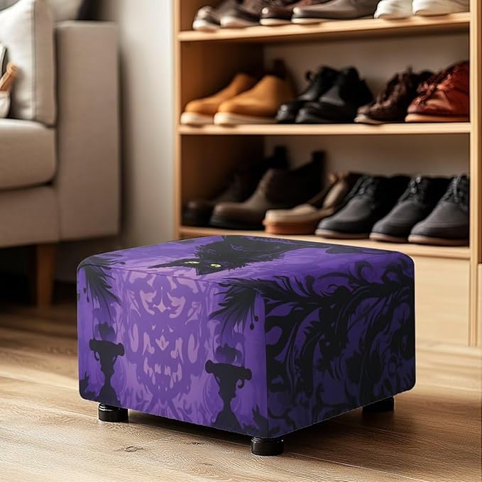 Rectangle Ottoman Cover Black Cat Ultra Stretch Small Ottoman Slipcover with Elastic Band Washable Foot Stool Covers Furniture Protector for Hlloween Home Decor Size L