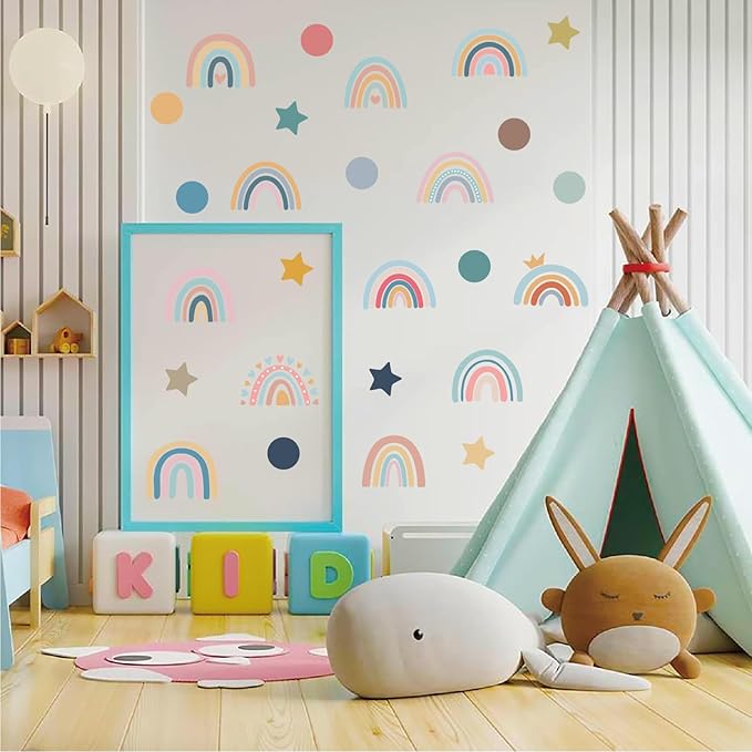 Rainbow Wall Decals for Children Room - 4 Sheets 76Pcs Boho Star & Dots Wall Stickers | Peel and Stick Nursery Decor, Playroom, Classroom | Removable Waterproof Wall Art