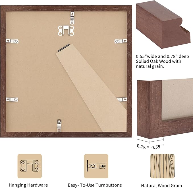 8x8 Walnut Oak Wood Picture Frame - 8x8 Photo Frame, 8x8 Picture Frame Wood, Natural Solid Wooden Picture Frames for Wall Art Photo and Prints (3 Pack, Walnut)