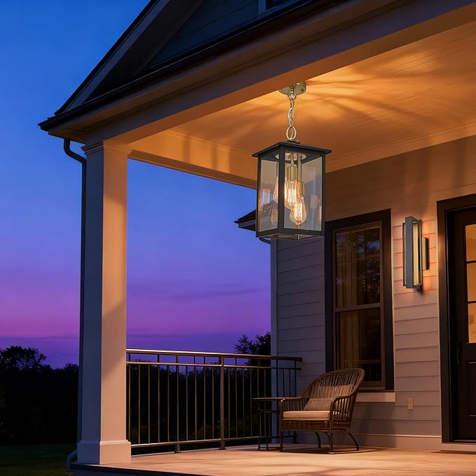 17IN Large Dusk to Dawn Outdoor Pendant Light 3-Light, Modern Black Metal Outside Chandelier Exterior Hanging Fixture Ceiling Mount with Clear Glass for Front Porch Entrance Entryway
