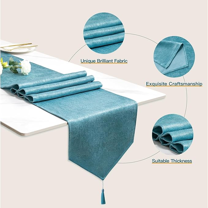 BALCONY & FALCON Lake Blue Table Runner Lustrous Linen 14"x71" Water Resistant Washable Vintage Rustic Tassels Runner for Table, Dining, Party, Wedding, Birthday, Easter, Thanksgiving, Christmas Décor