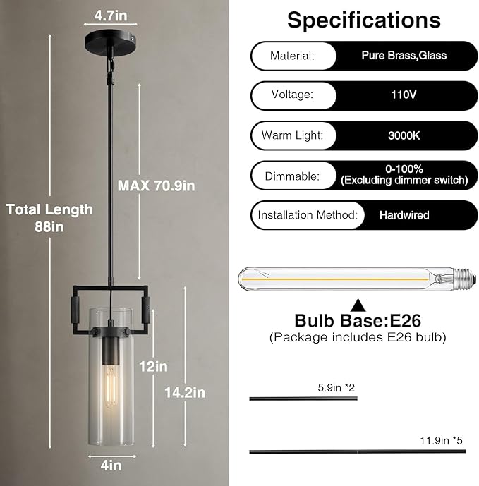 Modern Black Kitchen Island Pendant Lights, 12 Inch 1-Light Adjustable Pendant Light with Glass Shade & Brass Finish, Hanging Light Fixture for Kitchen, Dining Room,Bathroom, Living Room