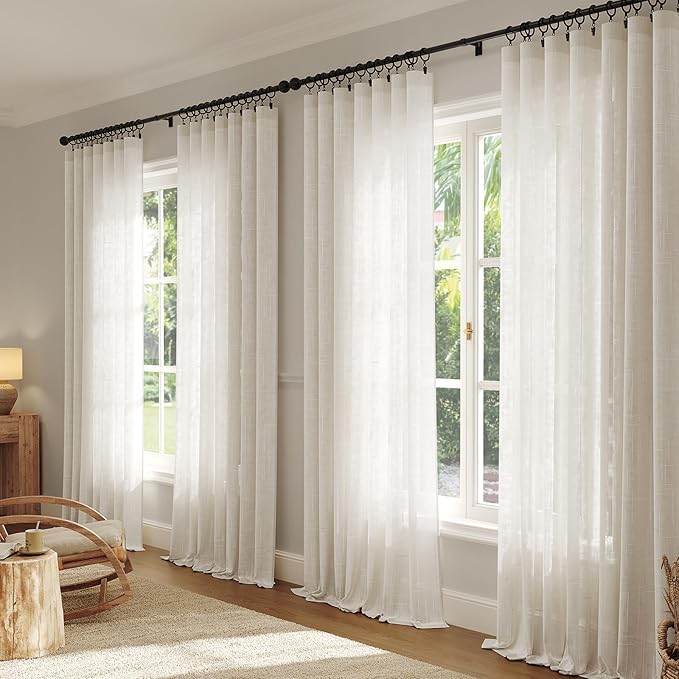 Anmao Natural Linen Curtains for Living Room 72 Inch Length 2 Panels Set, Light Filtering Semi Sheer Window Curtain Drapes for Bedroom with Curtain Rings and Clips, 52Wx72L, Ivory