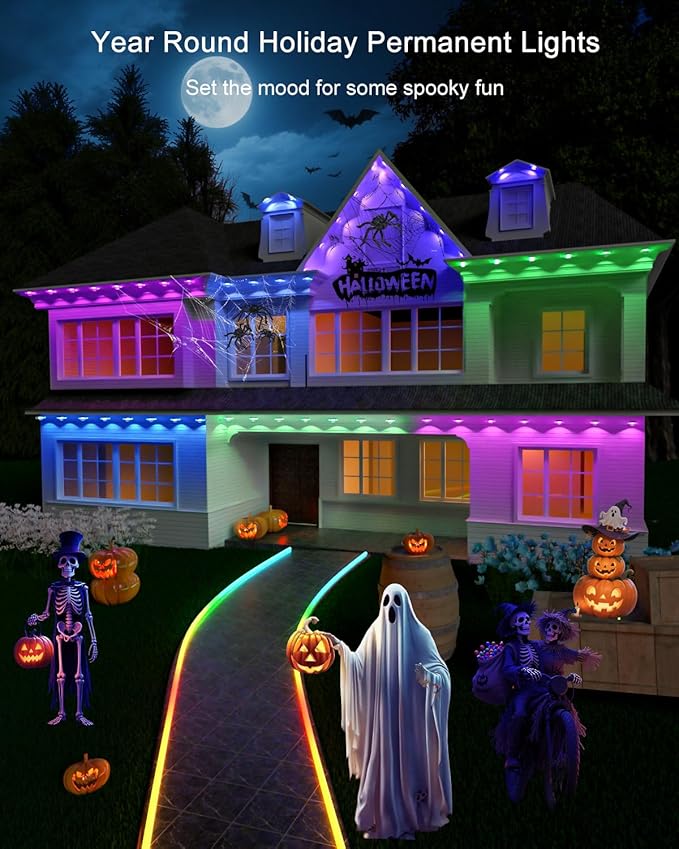 Permanent Outdoor Lights - 100FT Smart AI RGB+IC LED with 72 Lights, IP67 Waterproof, 75+ Scene Modes, Alexa/Google/Remote Control Enabled, DIY Music Sync for Christmas, Holiday & Home Decor, White